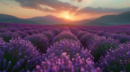 Fototapeta premium Summer evening over an endless lavender field