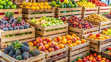 Obraz premium Fresh fruits displayed on wooden crates at local market, fresh, fruits, wooden crates, outdoor market, healthy