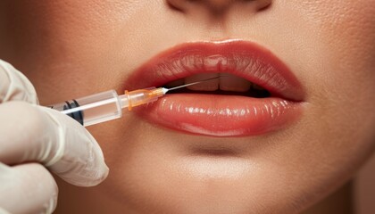 Naklejka premium Procedure lip augmentation, Cosmetologist does injection Lip filling close-up pic about a woman lips