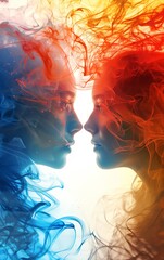 Abstract portrait of two faces merging in a swirl of blue and orange colors.