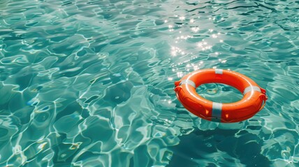 Vibrant orange lifebuoy floating in clear, calm water with sunlight reflecting