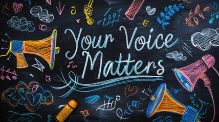 Chalkboard art with "Your Voice Matters" and colorful doodles