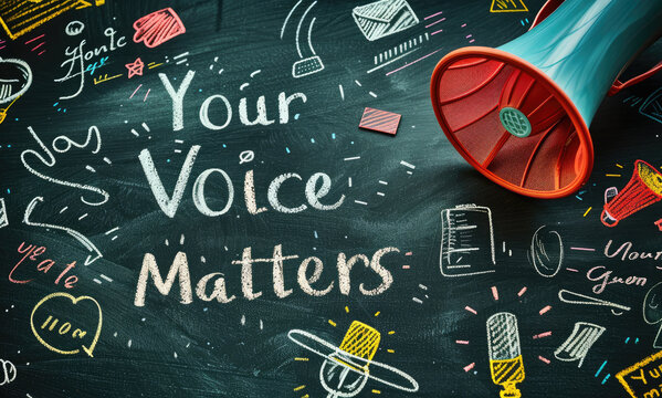 Chalk-drawn text and doodles highlighting importance of speaking up, with megaphone for emphasis