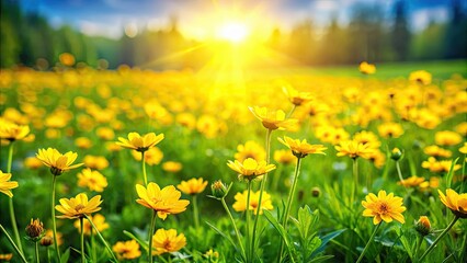 Obraz premium Vibrant yellow flowers blooming in lush green grass, nature, spring, summer, vibrant, colorful, blooming, flora, garden, meadow