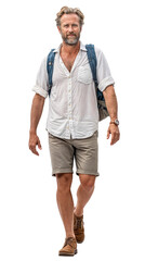 Fototapeta premium Isolated handsome middle aged blonde traveller man with a backpack and summer clothes walking. Summer holidays vacation, cutout on transparent background, ready for architectural visualisation