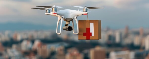 Medical drones, rapid medicine delivery, futuristic urban landscape, advanced healthcare logistics