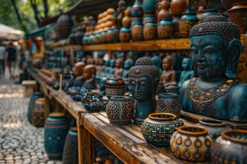 Fototapeta premium Handmade goods and trinkets on display at a flea market 
