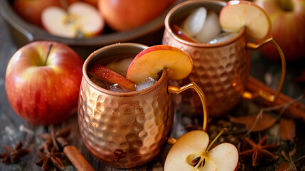 Close-up to a autumn warming Ginger Apple Moscow Mule cocktail on wooden table with soft blurred working bartender on the background