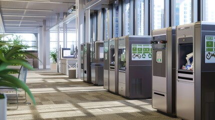 An office with a smart waste management system, featuring recycling stations that sort and compact waste automatically