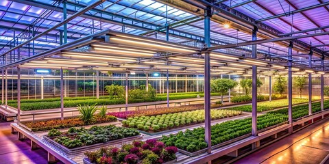 Greenhouse filled with plants illuminated by fluorescent lights, greenhouse, plants, growth