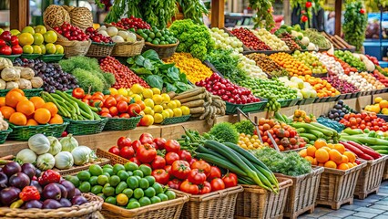 Obraz premium Fruits and vegetables displayed at an outdoor market, produce, fresh, market, healthy, organic, colorful, variety