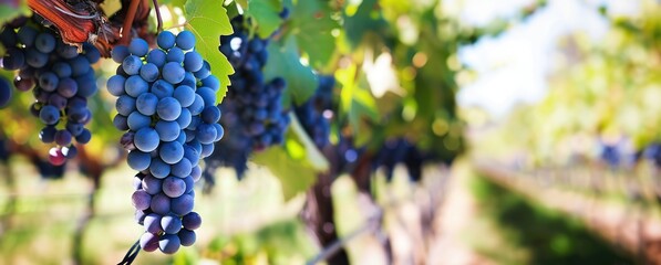 Close-up of blue grape cluster hanging on blurred Row of vineyards background. Grape farm. Plantation of grown fruits for juice, wine production. Ripe grape vine bunches on branch with leaves. Sunset.