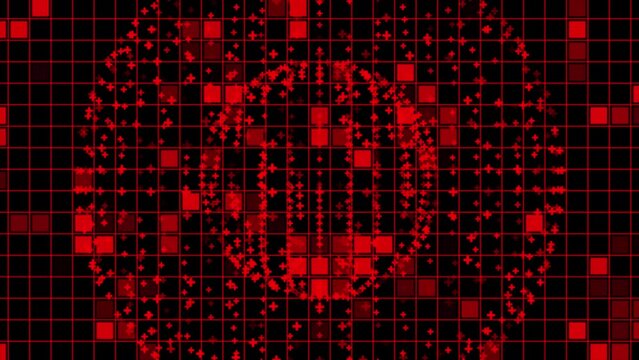 Fractal tech background with red shiny squares on black .streaming code matrix background.