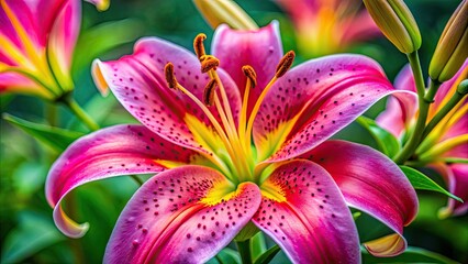 Fototapeta premium Closeup of vibrant pink Tiger Lily with delicate petals and bright yellow stamens, Tiger Lily, pink, flower, closeup, petals