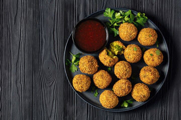 fried broccoli cheese balls with sweet chili sauce