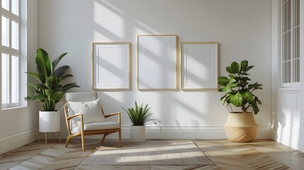 Fototapeta premium Cozy Scandinavian Interior: Blank Mockup three Frames with Wooden Chair and Flower Pot