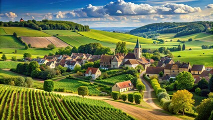 Idyllic French countryside landscape with rolling hills, vineyards, and charming villages, France, scenery