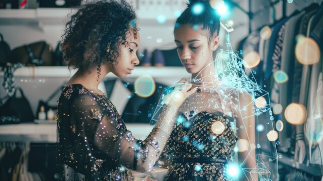 A fashion designer fits a dress on a mannequin while an AI muse displays virtual designs and patterns. The scene captures the blend of traditional craftsmanship and advanced technology in a modern