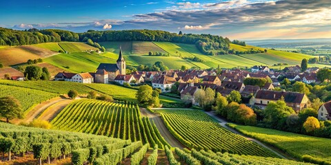 Fototapeta premium Beautiful countryside view of rolling hills, vineyards, and charming villages in France, France, scenery