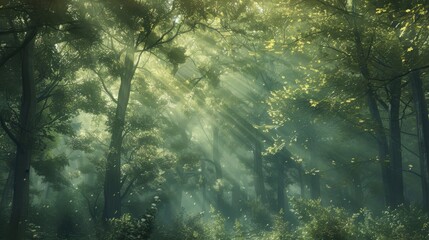 Sunlight streams through a dense forest canopy, creating a misty, ethereal atmosphere