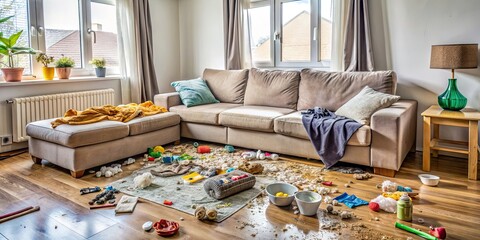 Messy living room interior with a dirty sofa and chaos on the floor, disorganized, cluttered, untidy, chaotic, messy