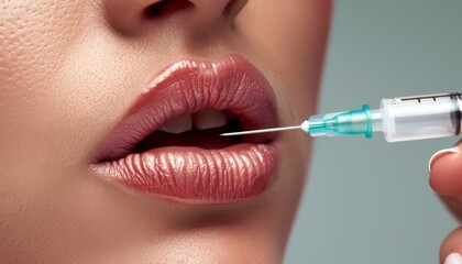 Procedure lip augmentation, Cosmetologist does injection Lip filling close-up pic about a woman lips