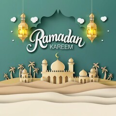Ramadan Kareem design in paper art style illustration background, crescent and mosque scenery