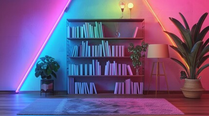 A home bookshelf with a lamp and a rug is located against a neon triangle wall