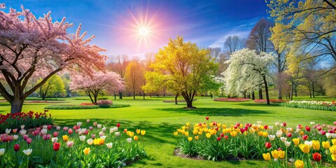 Naklejka premium Peaceful spring scene in the park with blooming flowers, green grass, and a clear blue sky , spring, park, flowers, blooming