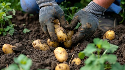 Harvest Time: Fresh Potatoes Unearthed by Gloved Hands