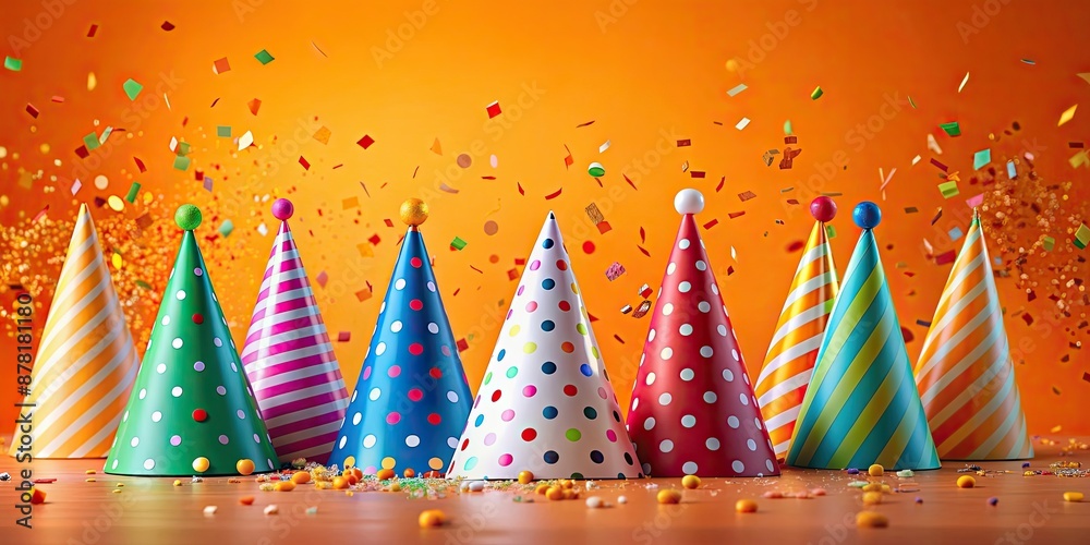 Canvas Prints Vibrant celebration scene with party hats and confetti against an orange background, party, celebration, colorful, hats, fun, festive