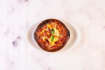 Eggplant Parmigiana pizza served in dish isolated on grey background top view of italian fastfood