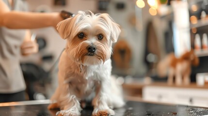 Cute small dog getting groomed at a pet salon, looking adorable and well-maintained with soft, fluffy fur.