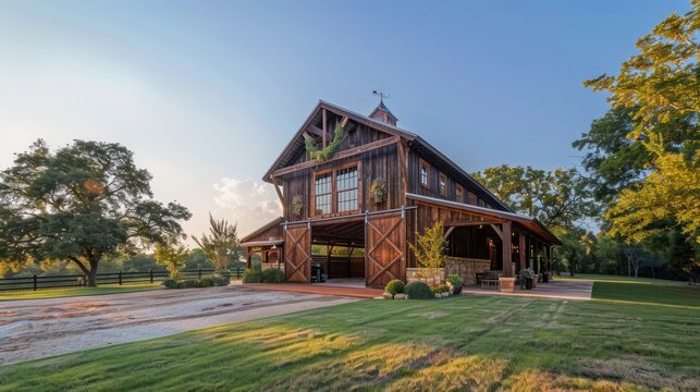 Suburban ranch with a large, rustic barn repurposed as a venue for community events and gatherings