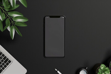 Sleek smartphone in a minimalist office setup. Minimalist workspace with phone. Smartphone on black background