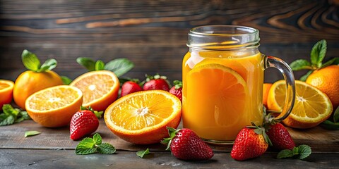 Glass jar filled with fresh orange juice, garnished with slices of oranges, lemons, and strawberries, orange juice