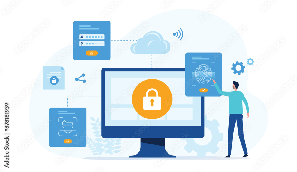 Poster business data protection and technology internet network security design concept. with people login to the computer to Access information.
