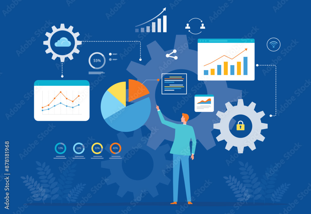 Leinwandbilder business data analytics design concept. people standing on the report graph dashboard background. flat vector design finance investment analysis concept
