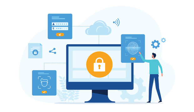 business data protection and technology internet network security design concept. with people login to the computer to Access information.
