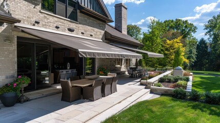 Suburban ranch with a large, retractable awning over the patio for adjustable shade and weather protection