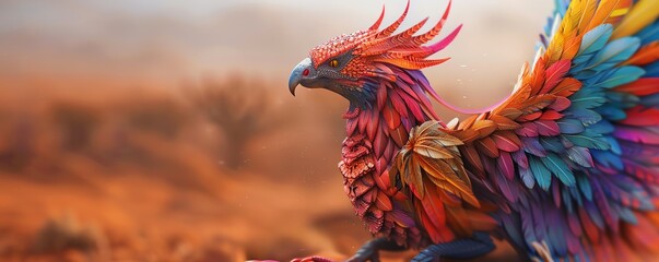 Fototapeta premium Winged beast with vibrant plumage and scorpion tail in a desert landscape