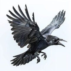 A black crow in flight against a white background. The bird has a large wingspan and a curved beak.