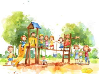 A watercolor illustration of children playing on a playground with a slide, a climbing frame, and a swing set.