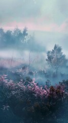Naklejka premium Pink flowers bloom in a misty forest at sunrise
