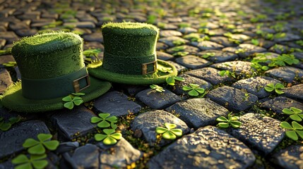 Two green leprechaun hats surrounded by shamrocks adorn an old cobblestone street