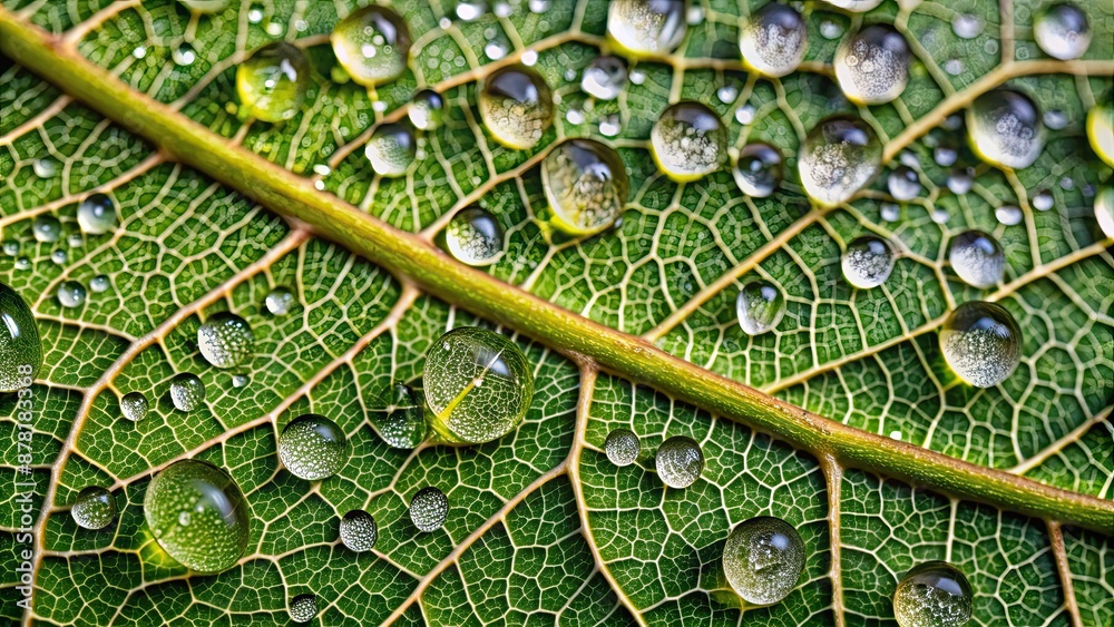 Canvas Prints Close-up of a leaf with dew drops displaying intricate veins , macro, nature, detail, water droplets, beauty, plant, close-up