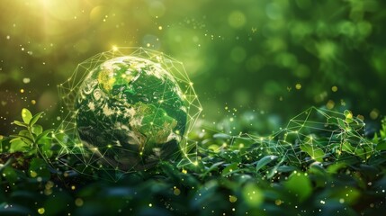 A conceptual illustration of a green planet Earth surrounded by a network of data nodes, highlighting the importance of environmentally sustainable database practices.