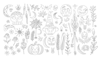 Set of isolated Halloween decoration elements in doodle hand-drawn graphic vector illustration on transparent background 3. Black outline style for coloring book.