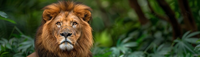 Fototapeta premium Majestic lion with rainbow mane in lush jungle, fauna pride, symbol of diversity and strength, space for text, focus cover all object, deep depth of field