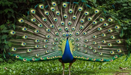 Obraz premium Peacock displaying vibrant tail feathers in forest, fauna pride, elegance and beauty, space for text, focus cover all object, deep depth of field